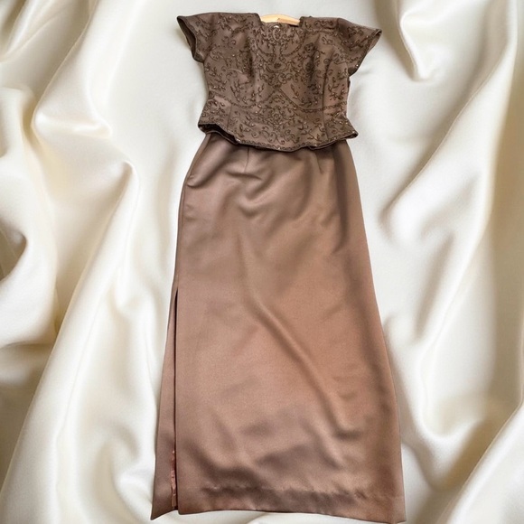 Victoria Royal vintage beaded,Satin,Formal maxi skirt,beaded top chocolate brown - Picture 1 of 8